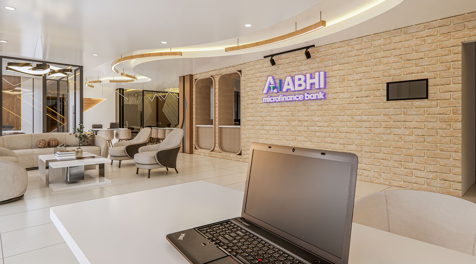 A sleek and functional banking interior with ergonomic workstations, stylish décor, and optimized space planning for staff and clients alike.