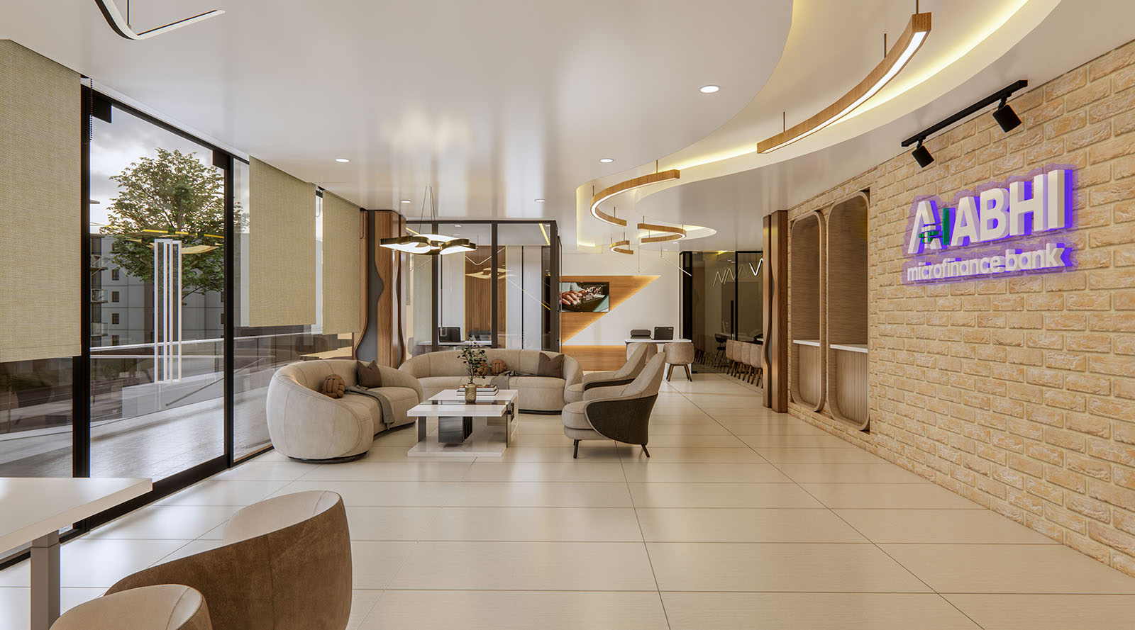 Modern lobby design at Bank-D 12 featuring layered lighting, contemporary seating, and a welcoming customer area for enhanced client experience.