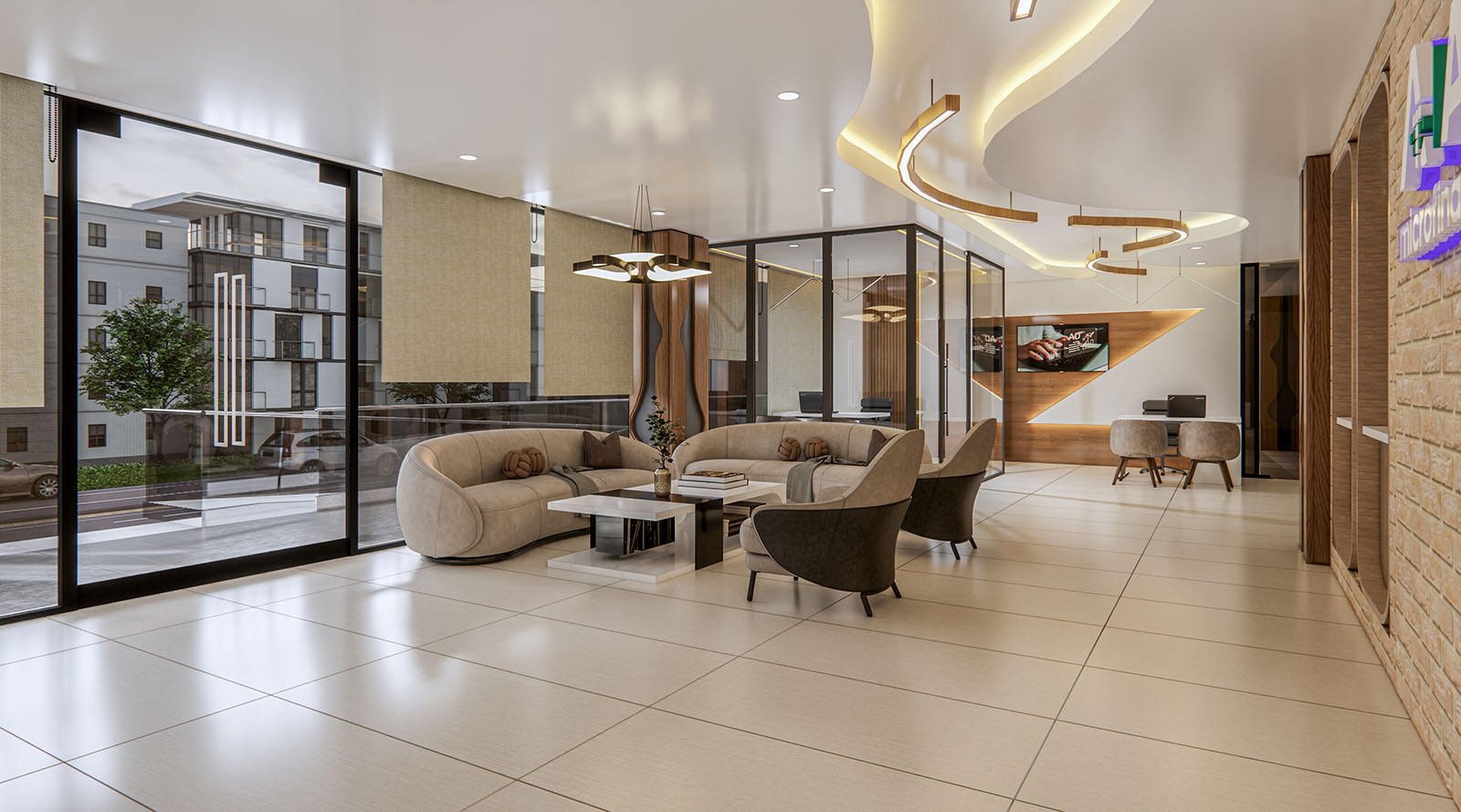 Contemporary interior upgrade with flexible lounge areas, ambient lighting, and a clean, modern look reflecting Bank-D 12’s brand identity.